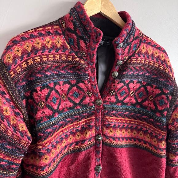 Icelandic Design Red Fair Isle Wool Button Front Cardigan Sweater Size Medium - Picture 2 of 7
